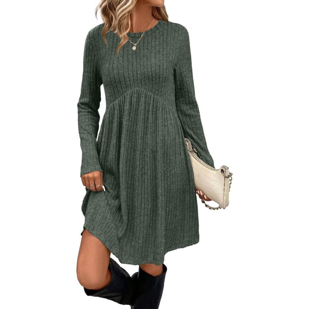 Ofeefan Women Green Crew Neck Long Sleeve Empire Waist Tunic Dress with Pockets